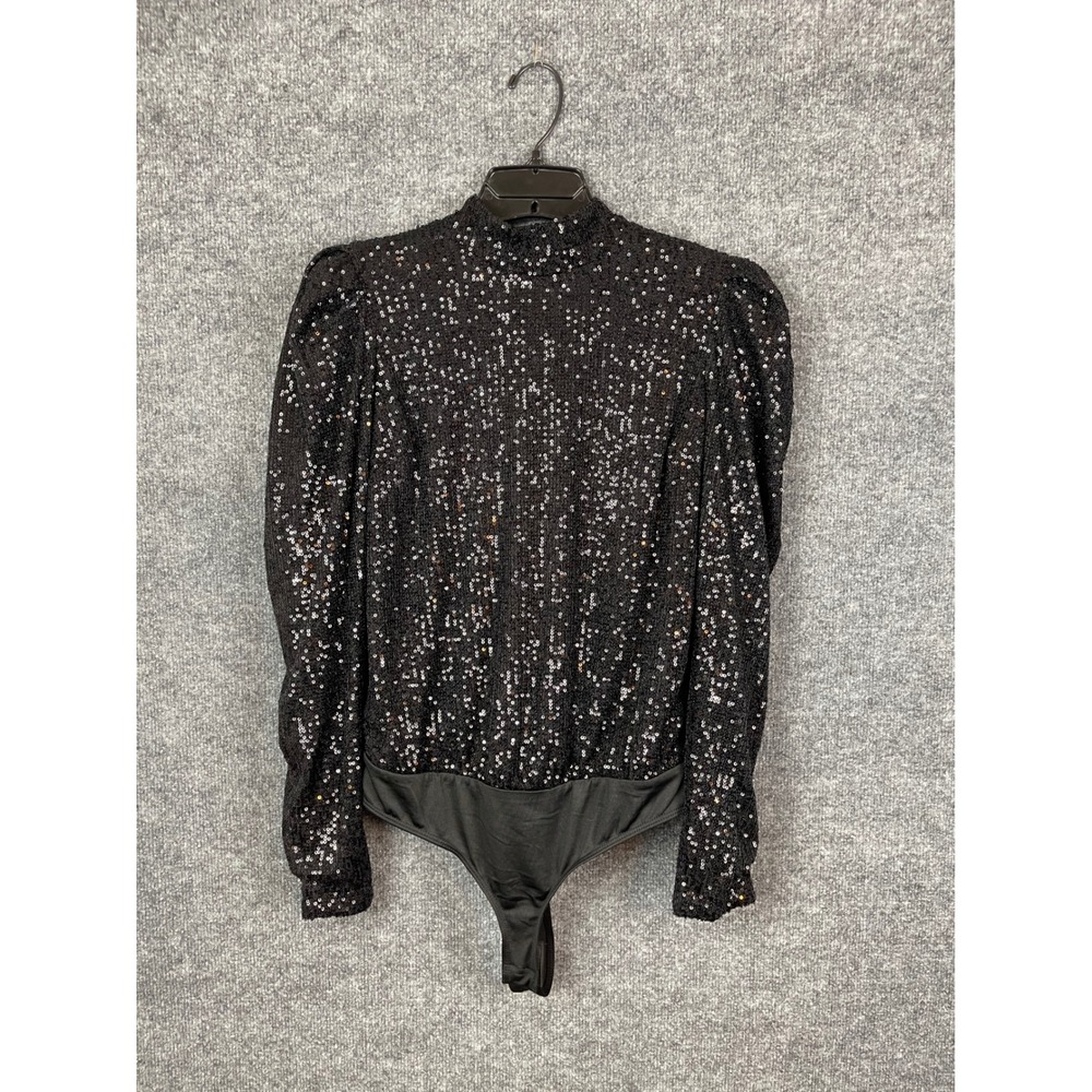 Rachael & Zoe Sequin Bodysuit Women's Black Puff Sleeve Mock Neck Party Top‎